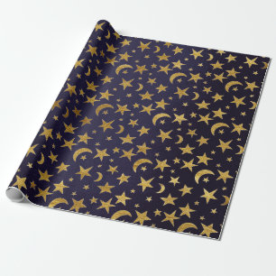 Papel De Regalo Blue Marine Golden Stars and Moon Sky