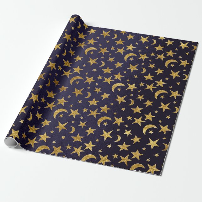 Papel De Regalo Blue Marine Golden Stars and Moon Sky (Desenrollado)