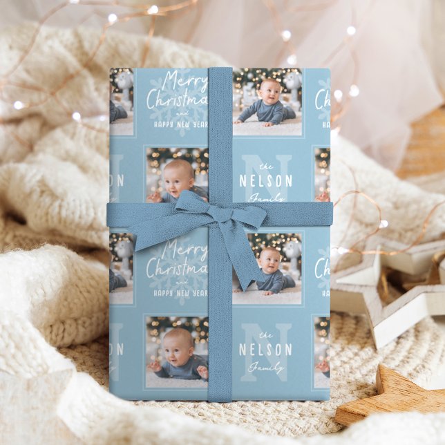 Papel De Regalo Blue Merry Christmas Calligraphy Family 2 photo (Blue Merry Christmas Calligraphy Family 2 photo Wrapping Paper)
