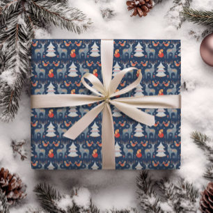 Papel De Regalo Blue Nordic Deer Christmas Tree Floral Holiday