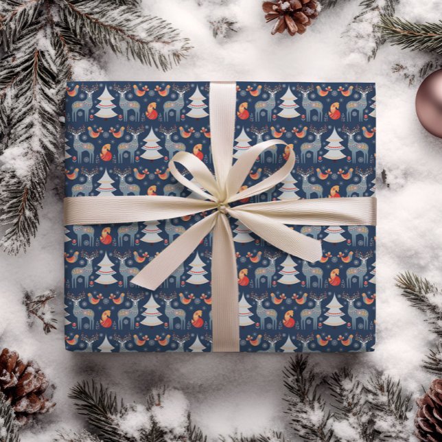 Papel De Regalo Blue Nordic Deer Christmas Tree Floral Holiday (Subido por el creador)