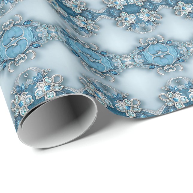 Papel De Regalo Blue Ornate Floral Wrapping Paper (Esquina del rollo)