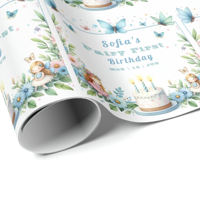 Papel De Regalo Blue Pastel Butterfly Fairy First Birday - (Esquina del rollo)