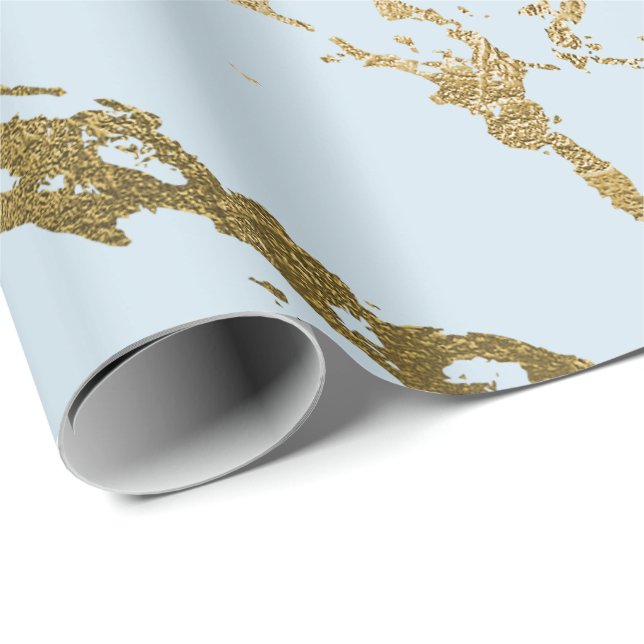 Papel De Regalo Blue Pastel Celestial Gold Marble Brillante Glam (Esquina del rollo)