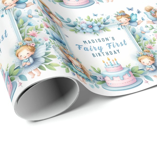 Papel De Regalo Blue Pastel Floral Fairy First Birday - (Esquina del rollo)