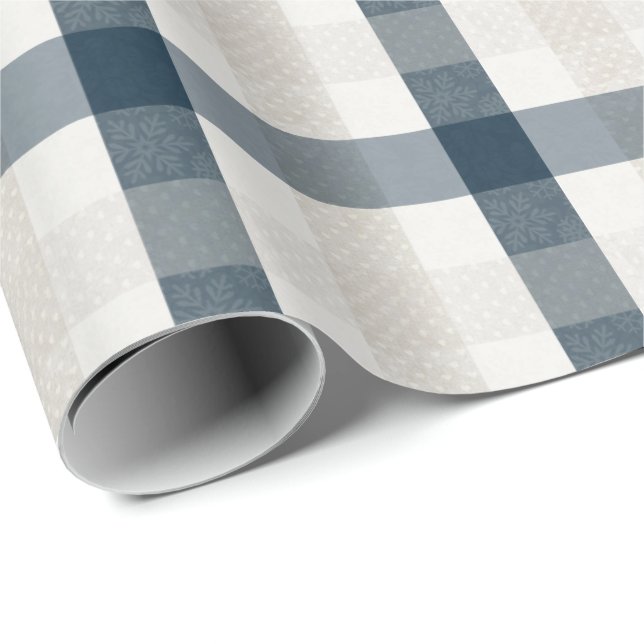 Papel De Regalo Blue Plaid Winter Holiday Navidades Heart Beige (Esquina del rollo)