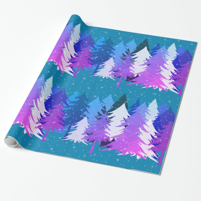 Papel De Regalo Blue Purple Christmas Tree Stars Nieve azul Verde  (Desenrollado)