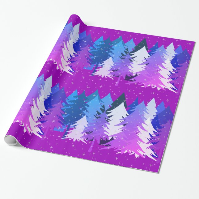 Papel De Regalo Blue Purple Christmas Trees Stars Nieve Hot Pink (Desenrollado)