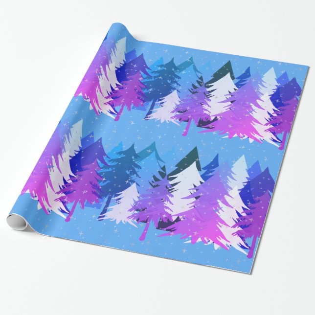 Papel De Regalo Blue Purple Christmas Trees Stars Snow Light Blue (Desenrollado)