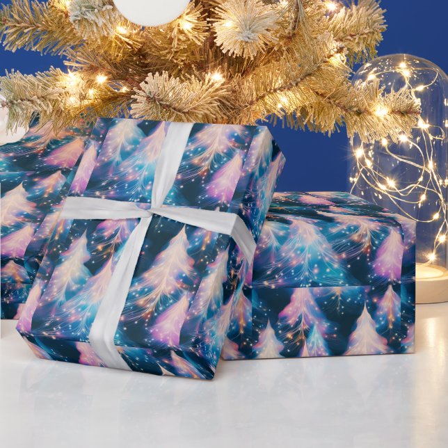 Papel De Regalo Blue Purple White Trees Navidades modernos (Vacaciones)