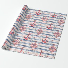 Papel De Regalo Blue Red Anchors Floral Stripes Beach Birthday