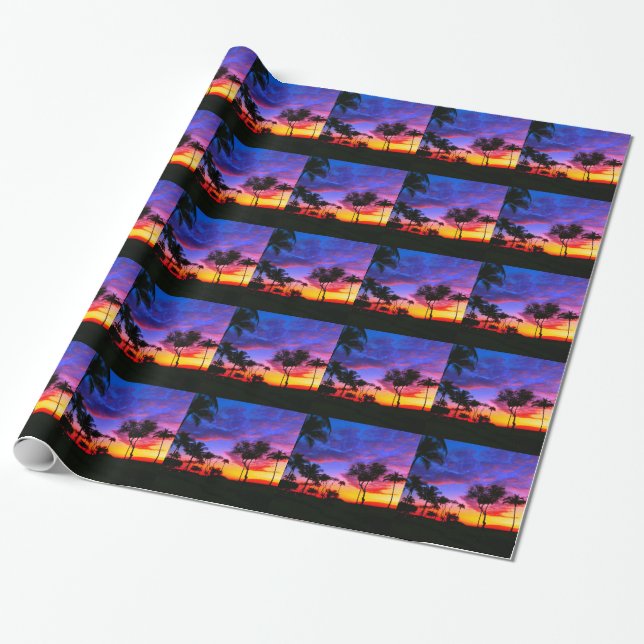 Papel De Regalo Blue Red Sunset Exotic Hawaiian Beach Palm Trees (Desenrollado)