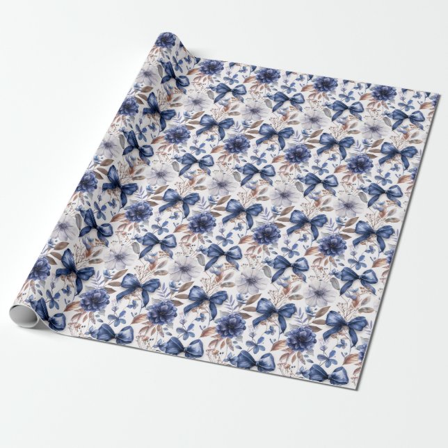 Papel De Regalo Blue Ribbon Bow Coquette Aesthetic Grandmillennial (Desenrollado)