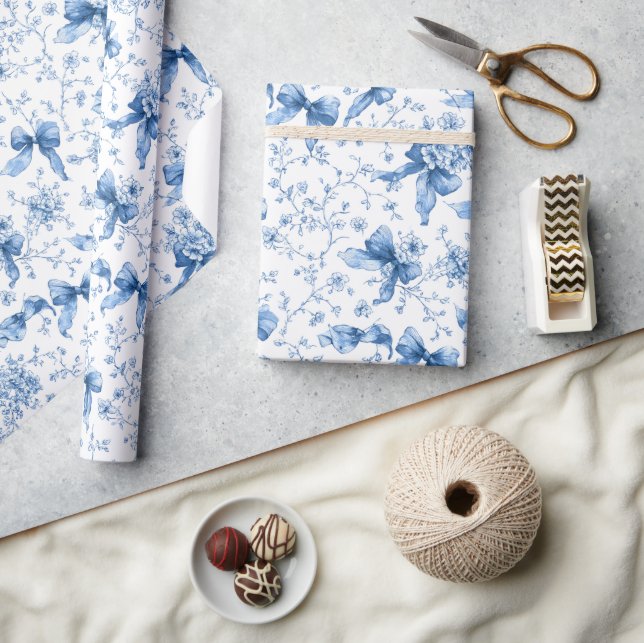 Papel De Regalo Blue Ribbons and Bows Toile Coquette Pattern  (Artesanía)