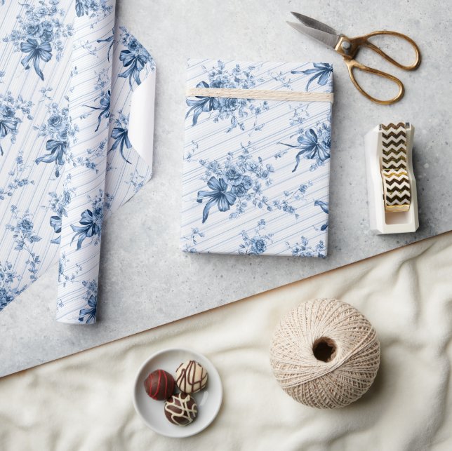 Papel De Regalo Blue Ribbons and Bows Toile Coquette Pattern  (Artesanía)