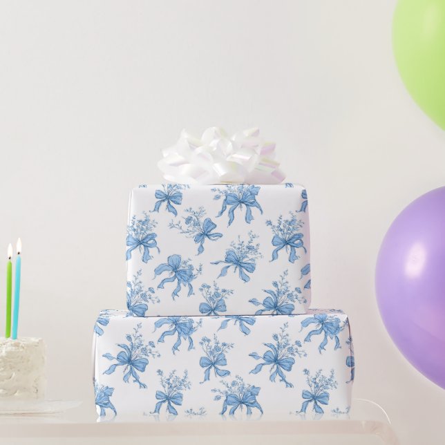 Papel De Regalo Blue Ribbons and Bows Toile Coquette Pattern  (Regalos de fiesta)