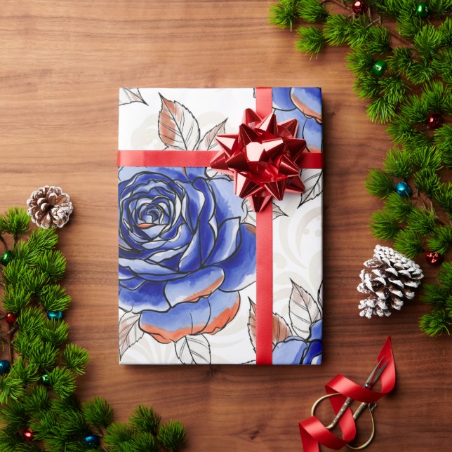 Papel De Regalo Blue Rose Watercolor Pattern Wrapping Paper (Regalo de vacaciones)