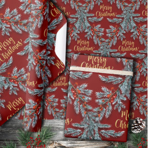 Papel De Regalo Blue Spruce Red Berries Gold Merry Christmas