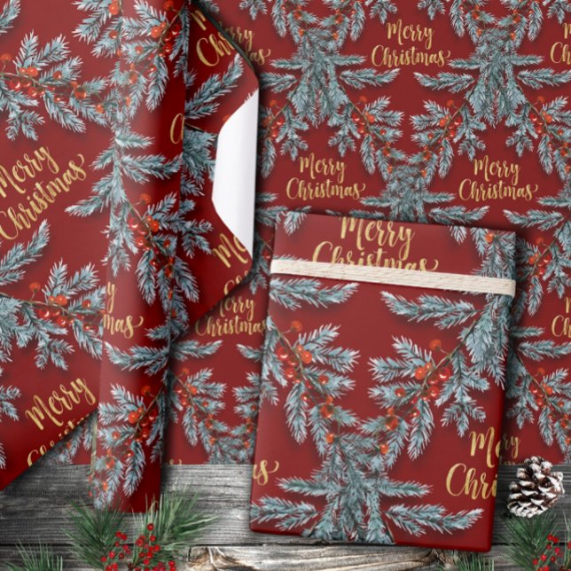 Papel De Regalo Blue Spruce Red Berries Gold Merry Christmas (Subido por el creador)
