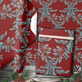 Papel De Regalo Blue Spruce Red Berries Lattice Red oscuro