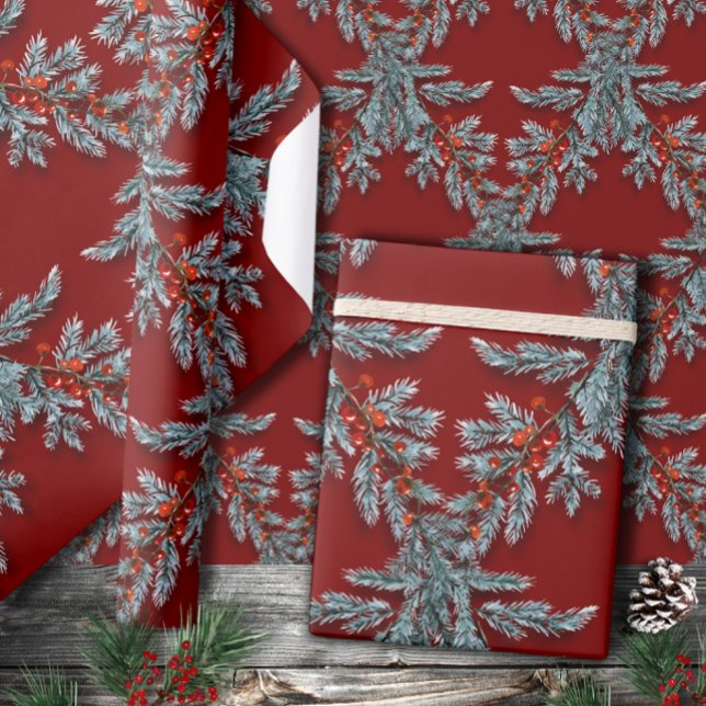 Papel De Regalo Blue Spruce Red Berries Lattice Red oscuro (Subido por el creador)