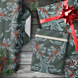 Papel De Regalo Blue Sprue Red Berries Lattice Forest Green