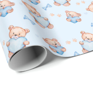 Papel De Regalo Blue Teddy Bear Baby Shower Giftwrapping Paper