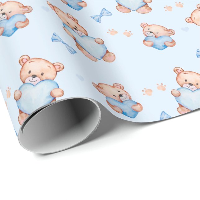Papel De Regalo Blue Teddy Bear Baby Shower Giftwrapping Paper (Esquina del rollo)