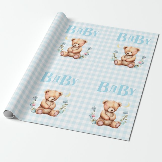 Papel De Regalo Blue Teddy Bear Baby Typography Baby Shower (Desenrollado)