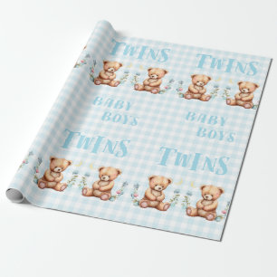 Papel De Regalo Blue Teddy Bear Twins Typography Baby Shower