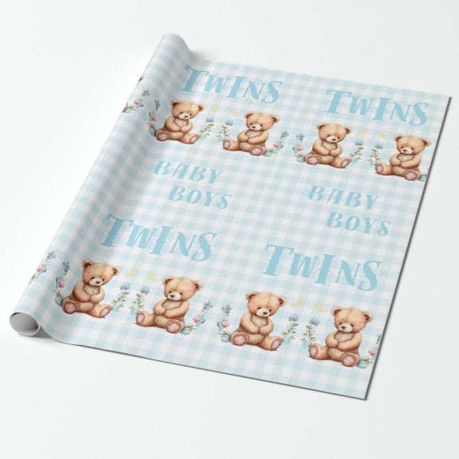 Papel De Regalo Blue Teddy Bear Twins Typography Baby Shower (Desenrollado)