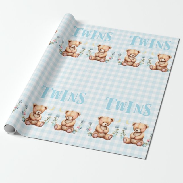 Papel De Regalo Blue Teddy Bear Twins Typography Baby Shower (Desenrollado)