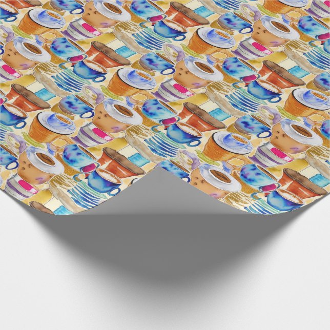 Papel De Regalo Blue Terracotta Café Cups Abstract Watercolor (Esquina)