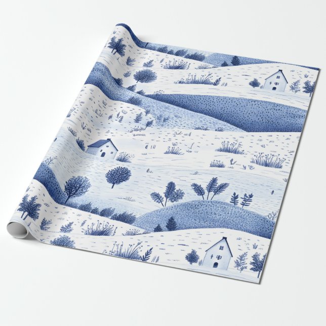 Papel De Regalo Blue Toile Countryside Scene (6) (Desenrollado)