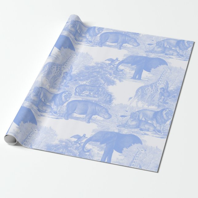 Papel De Regalo Blue Toile Jungle Animals Safari Chinoiserie (Desenrollado)