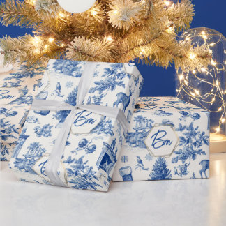 Papel De Regalo Blue Toile Seamless Pattern Vintage Winter Holiday