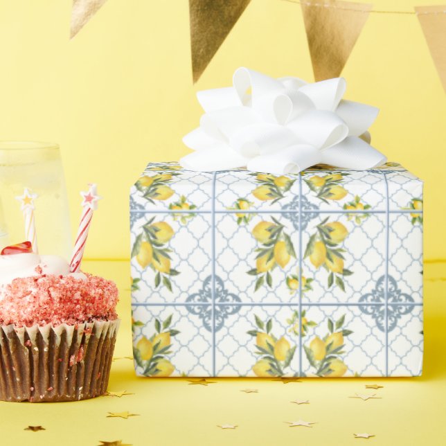 Papel De Regalo Blue Watercolor French Country Lemon (Fiesta de cumpleaños )