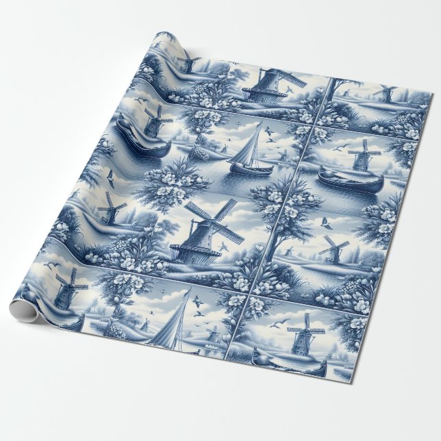 Papel De Regalo Blue & White Dutch Landscape Pattern • Tile-Inspir (Desenrollado)