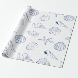 Papel De Regalo Blue White Hand Drawing Sea Shells Beach Summer
