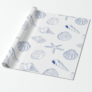 Papel De Regalo Blue White Hand Drawing Sea Shells Beach Summer