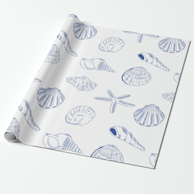 Papel De Regalo Blue White Hand Drawing Sea Shells Beach Summer (Desenrollado)
