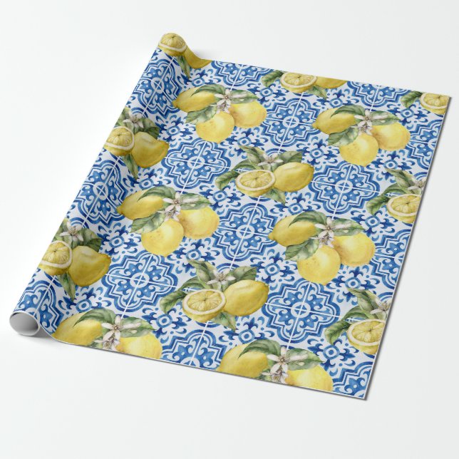 Papel De Regalo Blue White Lemon Tile Mediterranean Pattern (Desenrollado)