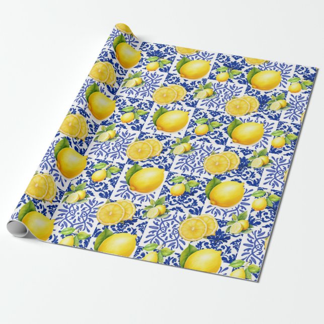 Papel De Regalo Blue White Lemon Tile Pattern Mediterranean Citrus (Desenrollado)