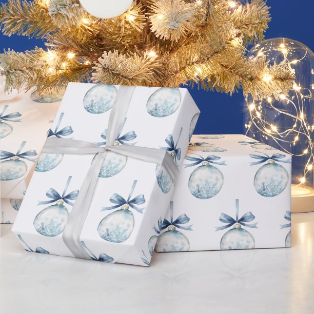 Papel De Regalo Blue White Snowflakes Bows Bulbs Christmas (Vacaciones)