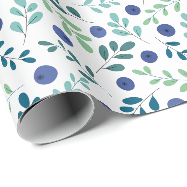 Papel De Regalo Blueberries con patrón de hojas verdes (Esquina del rollo)