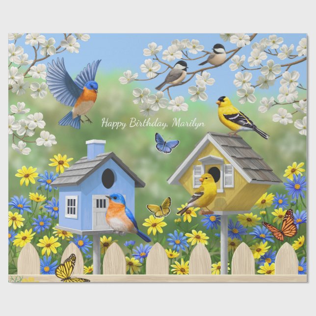 Papel De Regalo Bluebirds Goldfinches Birdhouses Flower Garden (Superficie plana)