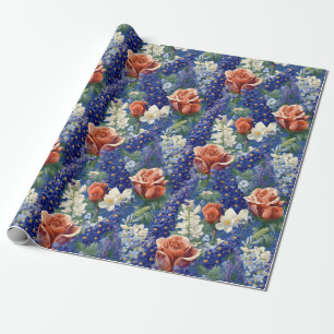 Papel De Regalo Bluebonnets y el patrón de las rosas rojas