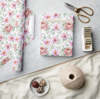 Papel De Regalo Blush Pink Peony & Wildflower Watercolor Wrapping 