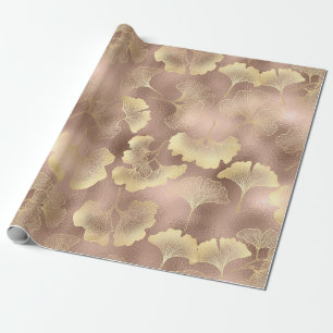 Papel De Regalo Blush Rosa Dorado Hojas de Ginkgo Elegante Botánic