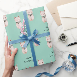 Papel De Regalo Blush Rosa Verde Menta Gato Navidad